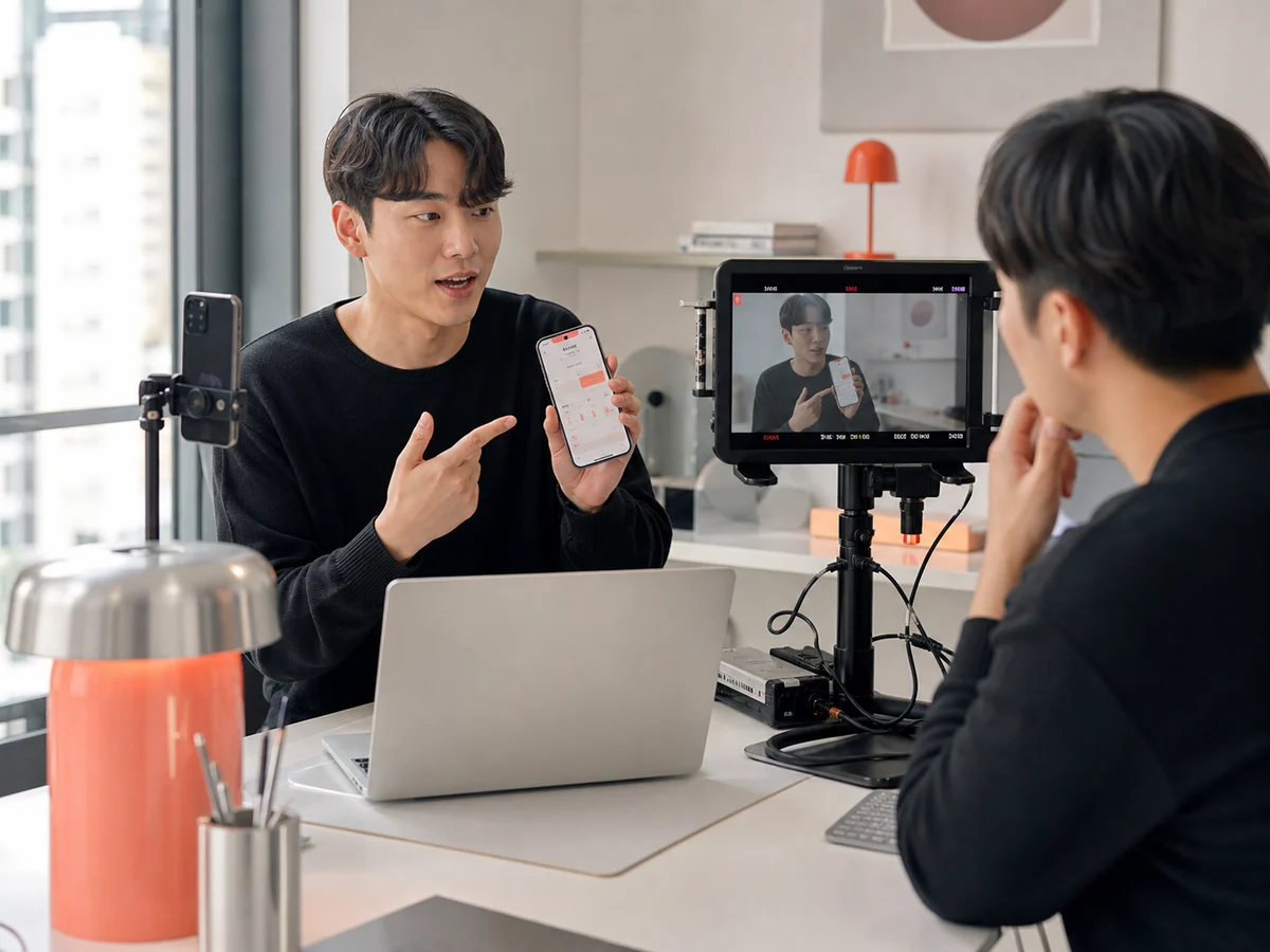 디지털 제품의 기능과 사용 흐름을 촬영하는 크리에이터 제작 포맷 이미지