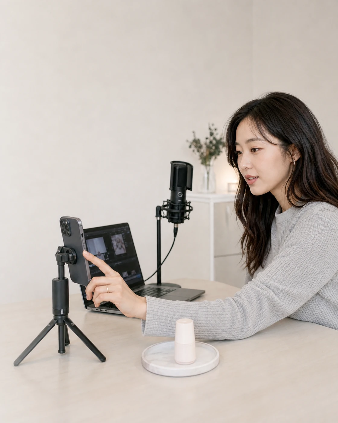 한국인 크리에이터가 스마트폰으로 제품 콘텐츠를 촬영하는 모습
