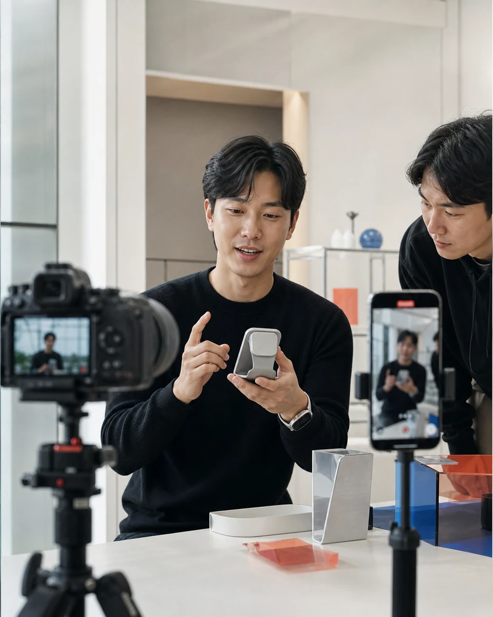 크리에이터와 제작팀이 제품 장면과 편집 흐름을 함께 검토하는 영상 제작 현장